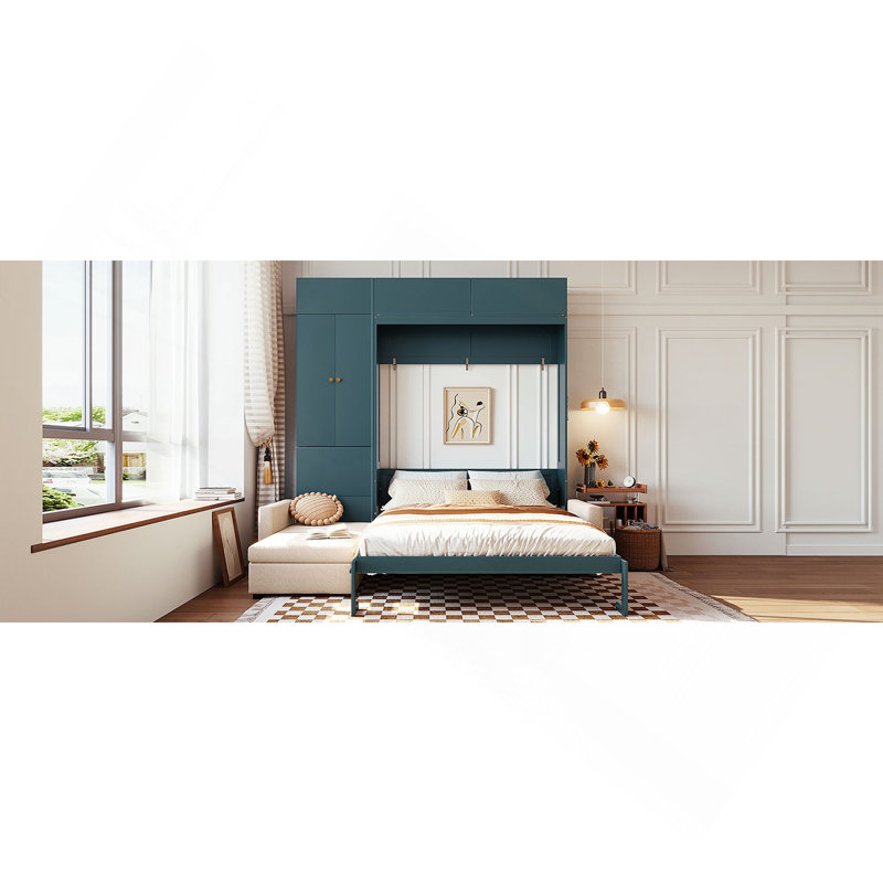 Grand lit escamotable mural avec canapé et tablettes, beige