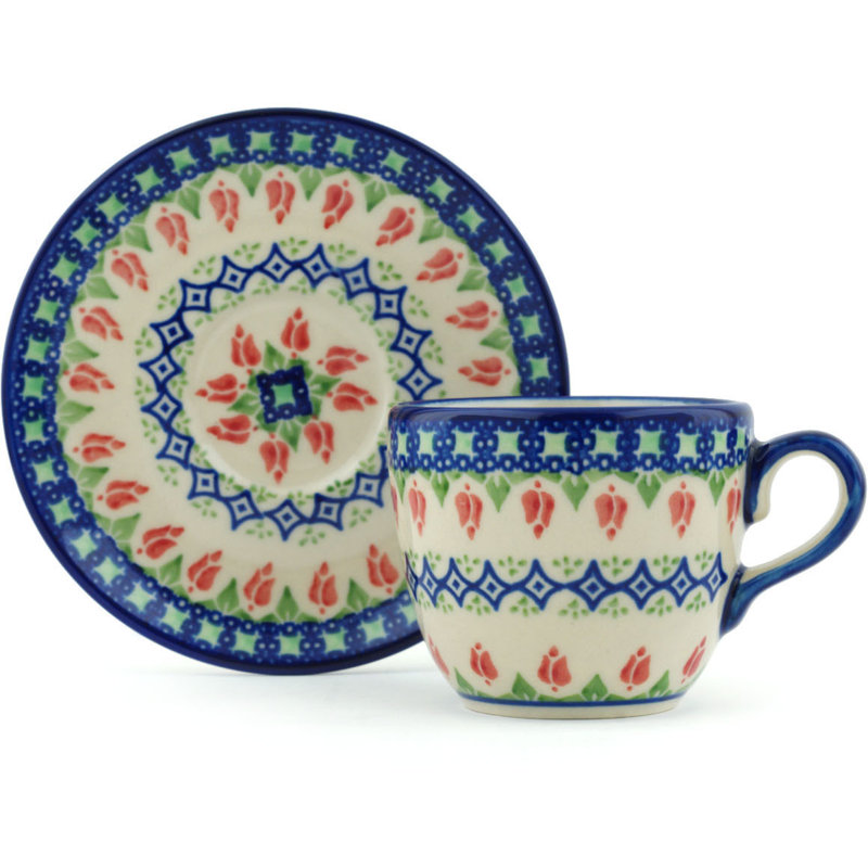 Polish Pottery Tulips and Diamonds Coffee Mug with Saucer