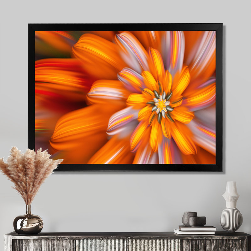 Fleur fractale orange massif - art mural floral, H 16 po x l 32 po, Cadre photo noir