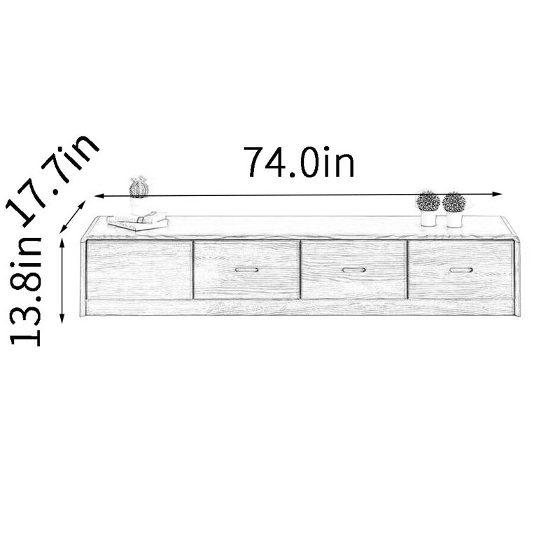 Meuble télé en bois de frêne, H 13,8 po x L 74 po x l 17,7 po, Burlywood