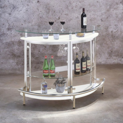Ross Curved Front Bar With Tempered Glass Shelves In White / Chrome Finish