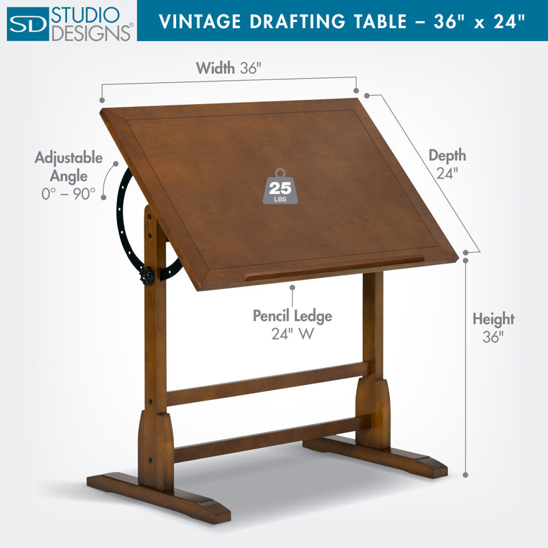 Gumesindo Solid Wood Top Drafting Table, 36" H x 36" W x 24" D, Rustic Oak