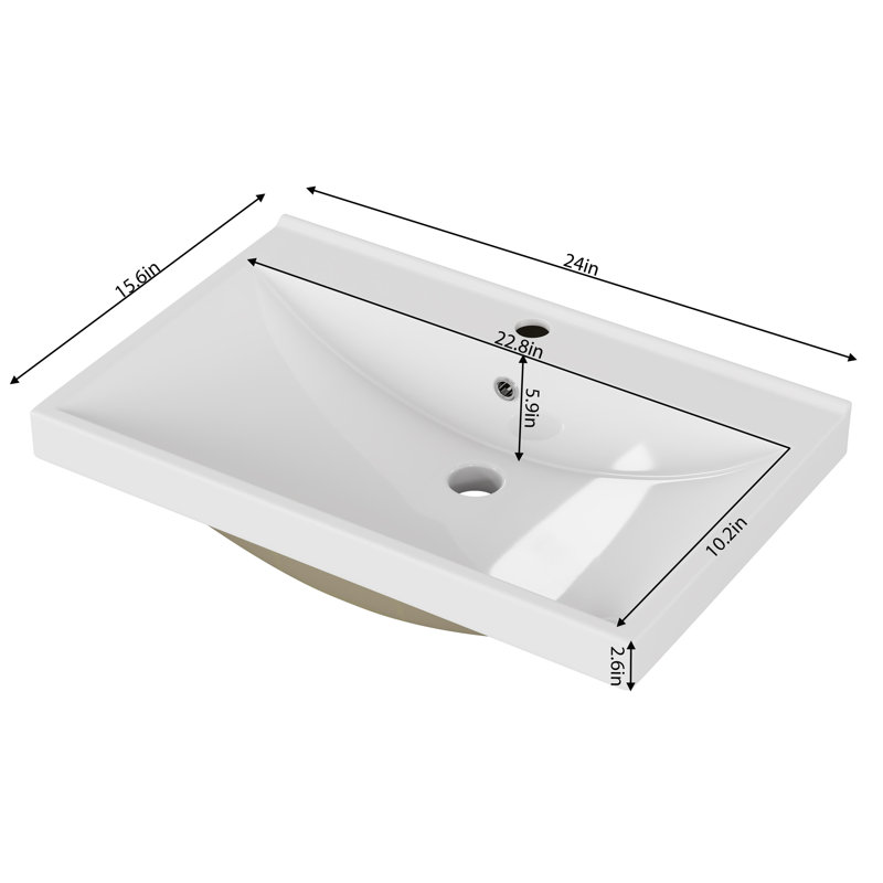 Comptoir de meuble-lavabo de 24 po avec lavabo en céramique épaissie de 2,6 po, finition blanc brillant, durable et facile à nettoyer