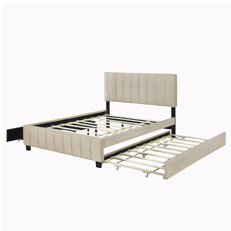 Grand lit plateforme tapissier avec rangement Arriah, Beige