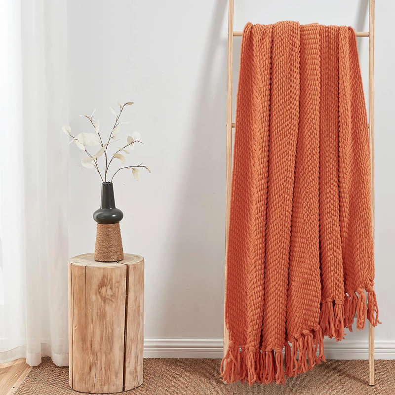 Rust Knitted Reversible Throw Blanket with Braided Tassels, 60" x 80"