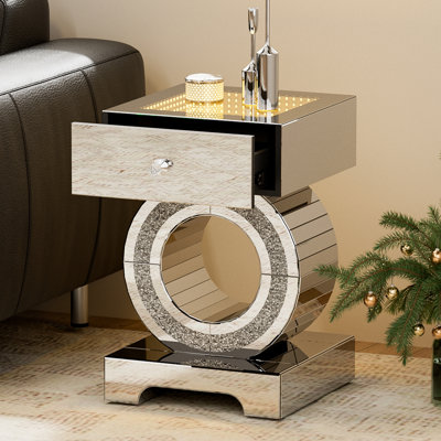 Mirrored End Table With Led Light, Mirrored Accent Nightstand With Drawer, Silver Crushed Diamond Side Table With O-shaped Base For Living Room, Bedroom And Office (remote Control Included)