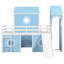 Lit mezzanine bleu avec glissade, tente rose et tour - construction en bois de pin massif, conception de fenêtre semblable, rangement supplémentaire en dessous avec pin, trois styles d'installation, dessous