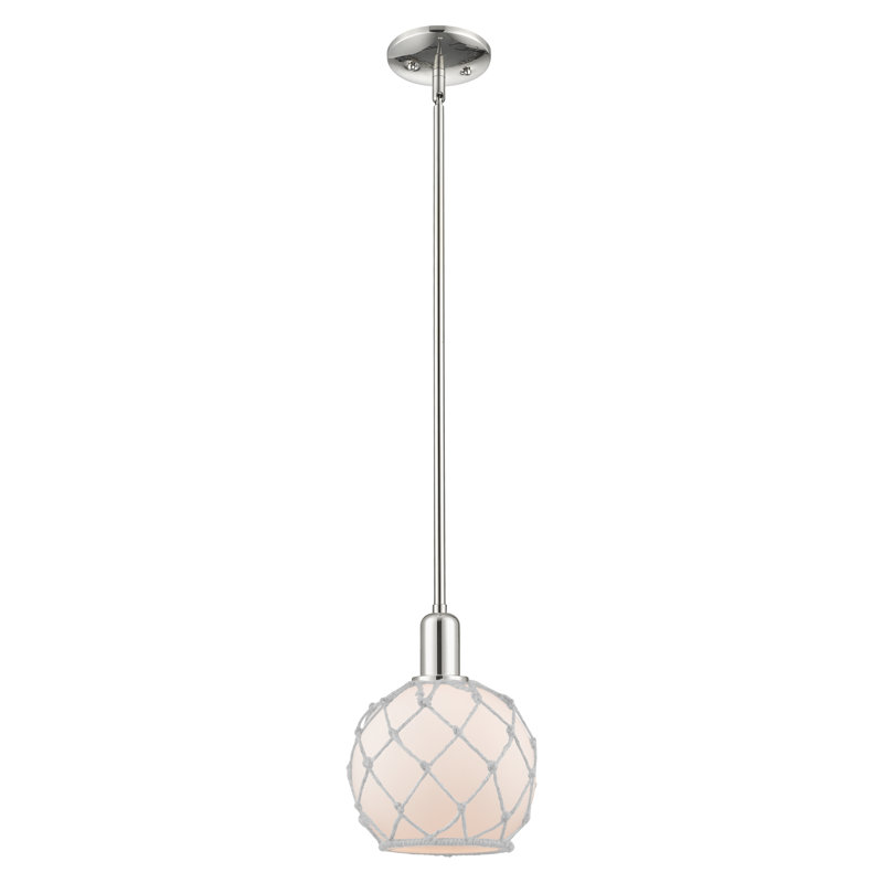 Arcadia - 1 Light 10" Stem Hung Mini Pendant, 10.63" H x 8" W x 8" D, White Glass With White Rope, Polished Nickel