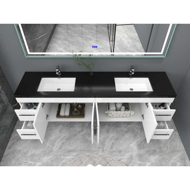 Ensemble de meuble-lavabo double mural 84 po Camorah, Blanc très luisant, Noir mat