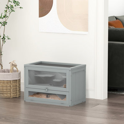 2-level Hamster Cage In Grey. Fir Wood Construction For Small Creatures. Openable Top, Front Door, Shelf, . Ideal Hamsters, Mice, , Chinchillas, Guinea Pigs. Spacious And Ventilated Design. Easy To
