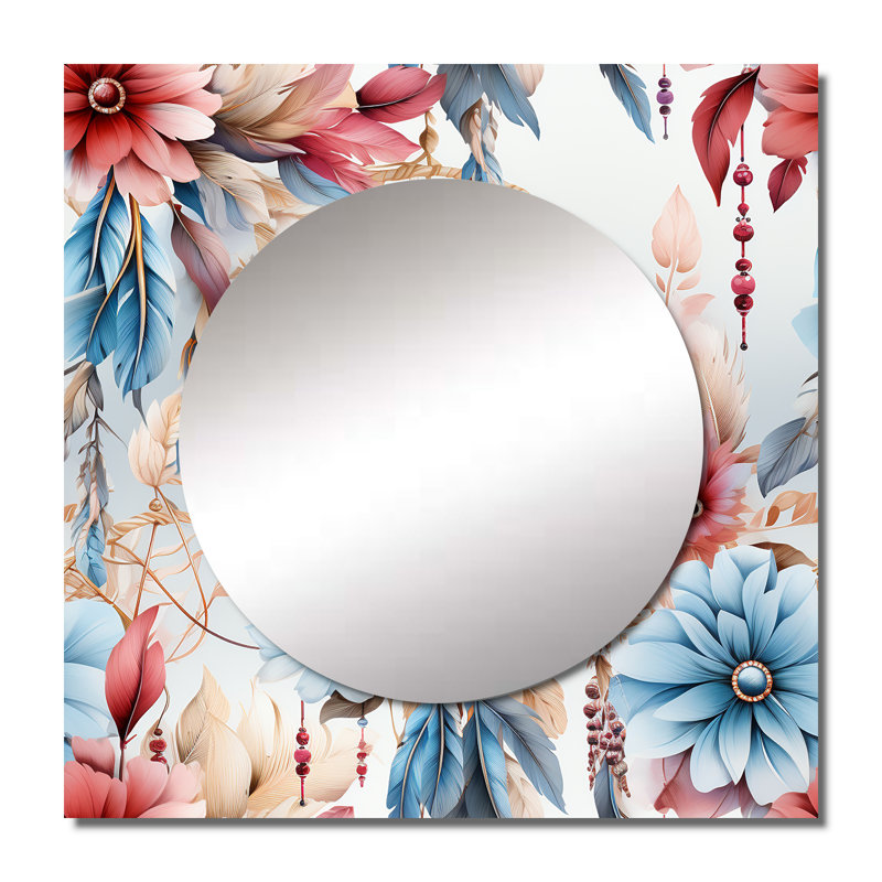 Motif bohème rose et bleu Dreamcatchers - miroir carré floral pour salle de bain, 36 po x 36 po