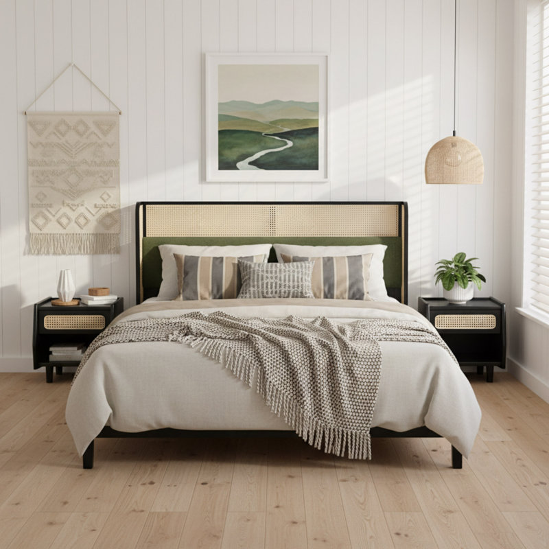 Structure de lit avec tête de lit verte et lit en bois massif, aucun sommier requis, mobilier de chambre moderne