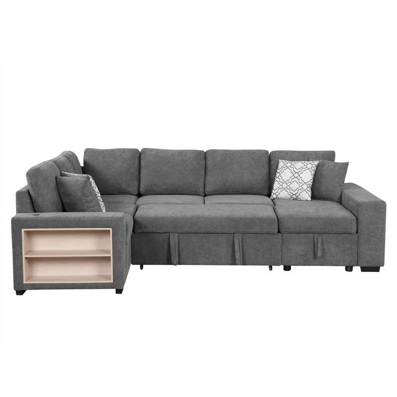109" U-Shaped Sectional Sofa Pull-Out Sofa Bed With Two USB Ports, Gray Chenille