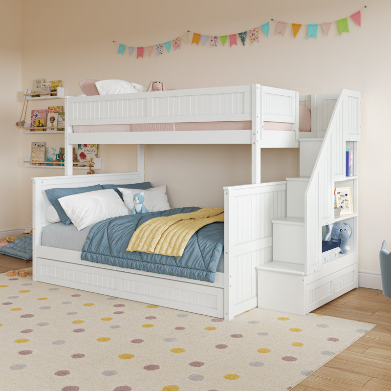 Keaire Staircase Bunk Bed with Storage Drawer and Twin Trundle, White, Twin Over Full