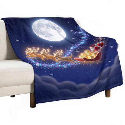 Santa Claus Flying Sleigh Under Full Moon Starry Luxury Flannel Throw Blanket, Soft Warm Fuzzy Blanket for Living Room Sofa Bed Home Decor