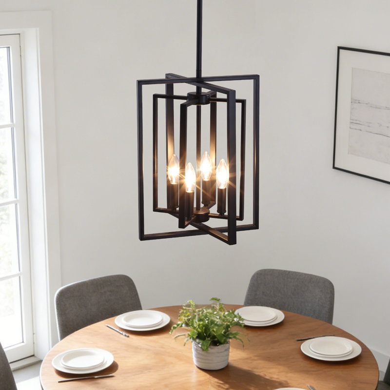 4 - Light Dimmable Industrial Square/Rectangle Lantern Chandelier For Kitchen Island Dining Room Foyer Hallway, Matte Black