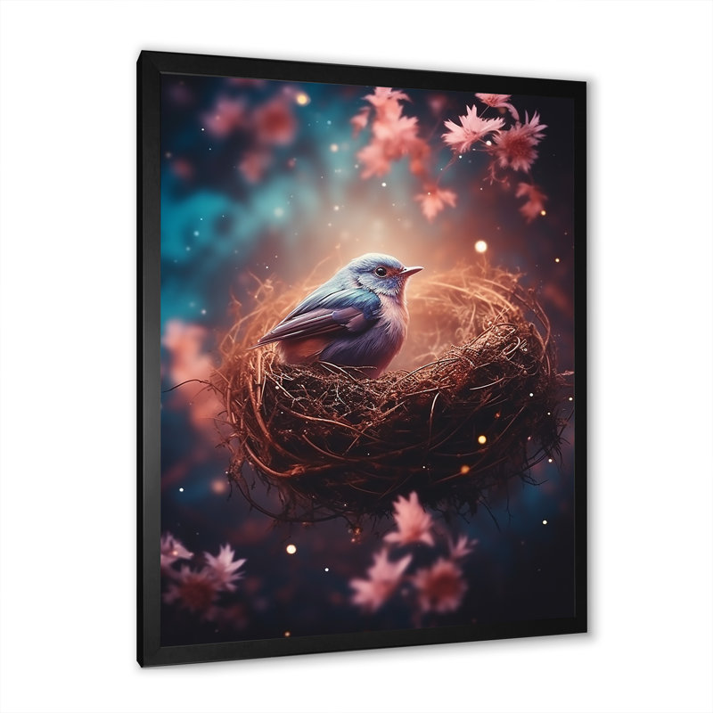 «Floral Bird Nest Harmony» - Art mural oiseau, Cadre simple noir, H 32 po x l 16 po x P 1 po