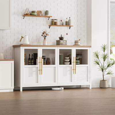 Sideboard Buffet Cabinet With 4 Glass Doors, 55" Large Buffet Cabinet With Storage