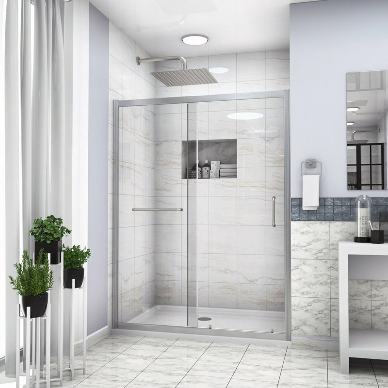 Shower Door 48" W X 72"H Single Sliding Shower Enclosure, 1/4" (6Mm), Brushed Silver