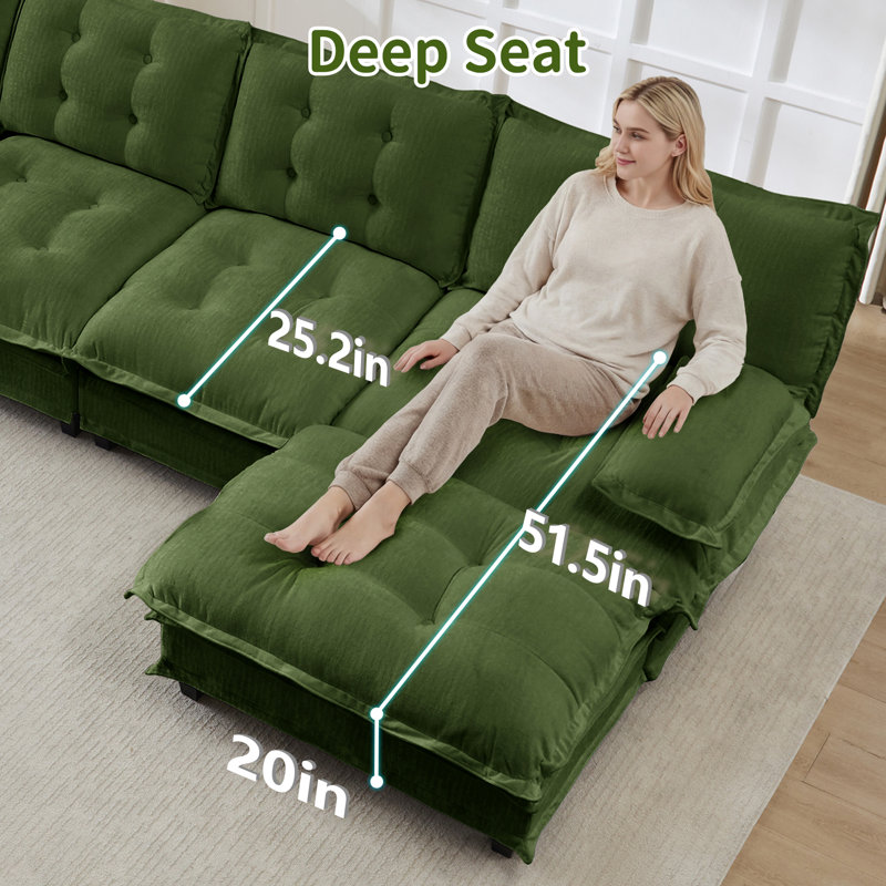 77" 2-Seater Modular Sectional Cloud Sofa, Chenille Fabric Deep Seat Couch With Lattice Decored Cushions, Green Chenille