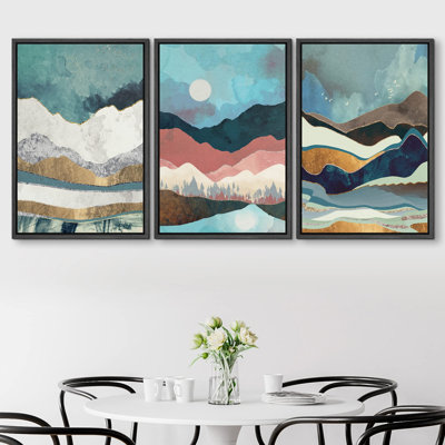 "Chaîne de montagnes pastel multicolore, nature abstraite, art numérique moderne, décor coloré, nature sauvage", 3 pièces