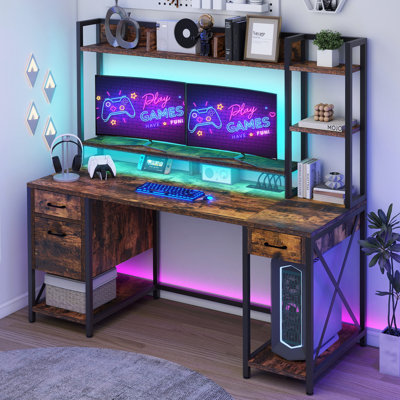 Screven Computer Desk with Drawers & Hutch Shelves, Office Desk with Power Outlets & LED Lights by The Twillery Co.