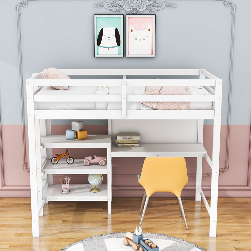 Kids Twin Size Wood Loft Bed with Shelves, Desk and Writing Board, White