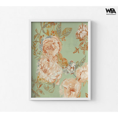 «Garden Senses I» par Maya Woods, affiche d'art mural irrégulier incurvé couleur saumon, impression de chrysanthème et de pivoine