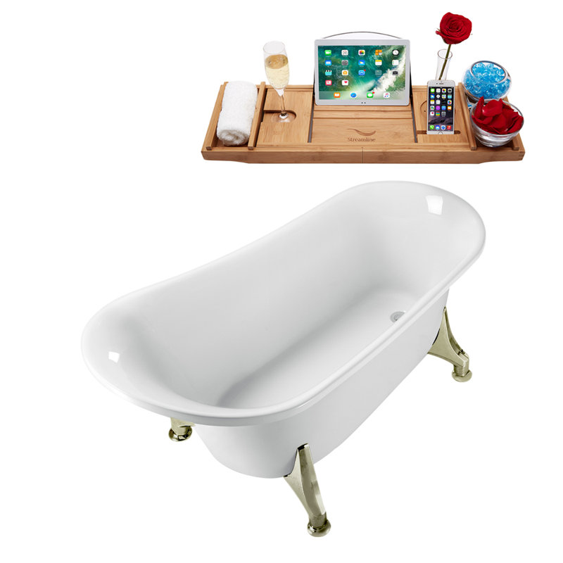 59" Streamline Clawfoot Soaking Acrylic Bathtub With Drain, Clawfeet, and Bamboo Tray, Brushed Nickel, Polished Chrome