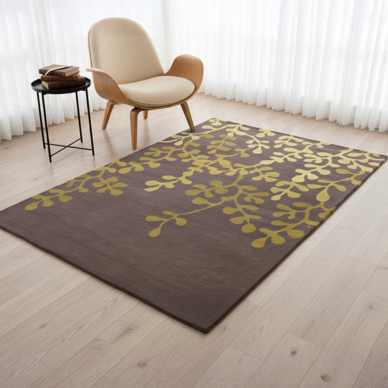 Tapis floral en laine touffeté à la main brun, gris, vert et jaune Ailey Authentic, 8 pi x 10 pi