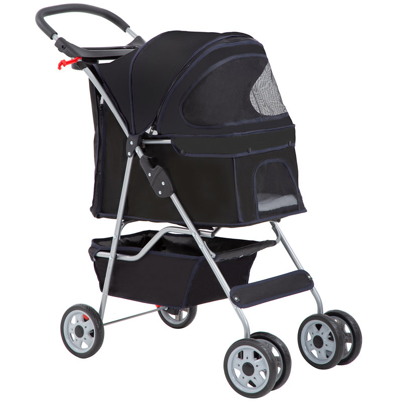 Black 4-Wheeled Folding Pet Stroller with Mesh Windows