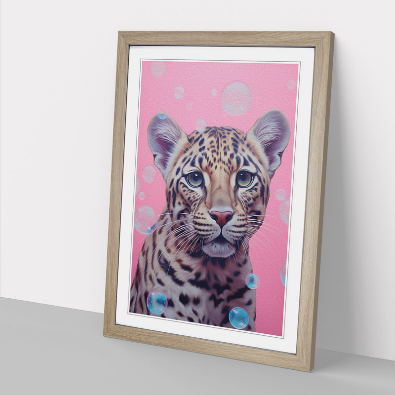 Leopard Bubble Gum Painting - Single Picture Frame Print on Wood, 46cm H x 34cm W x 2cm D, Oak