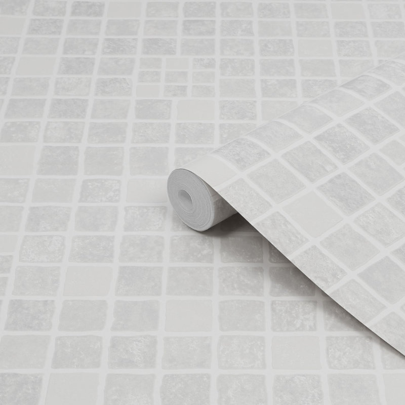 Contour Earthen Tile Effect Kitchen Bathroom Grey/White Washable Wallpaper
