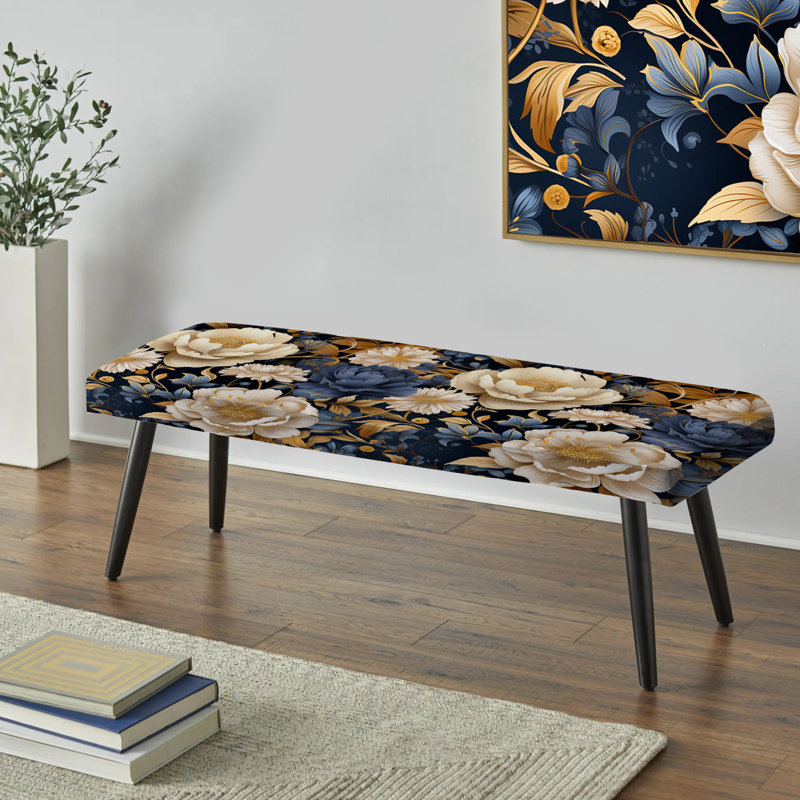 Banc noir rembourré Botanical, Blue and Beige Peonies Boho Pattern