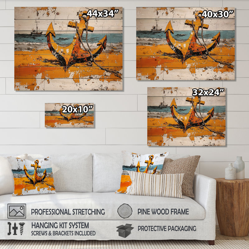 Aquarelle, ancre sur la plage - art mural en bois côtier sur bois de pin naturel, H 24 po x l 32 po