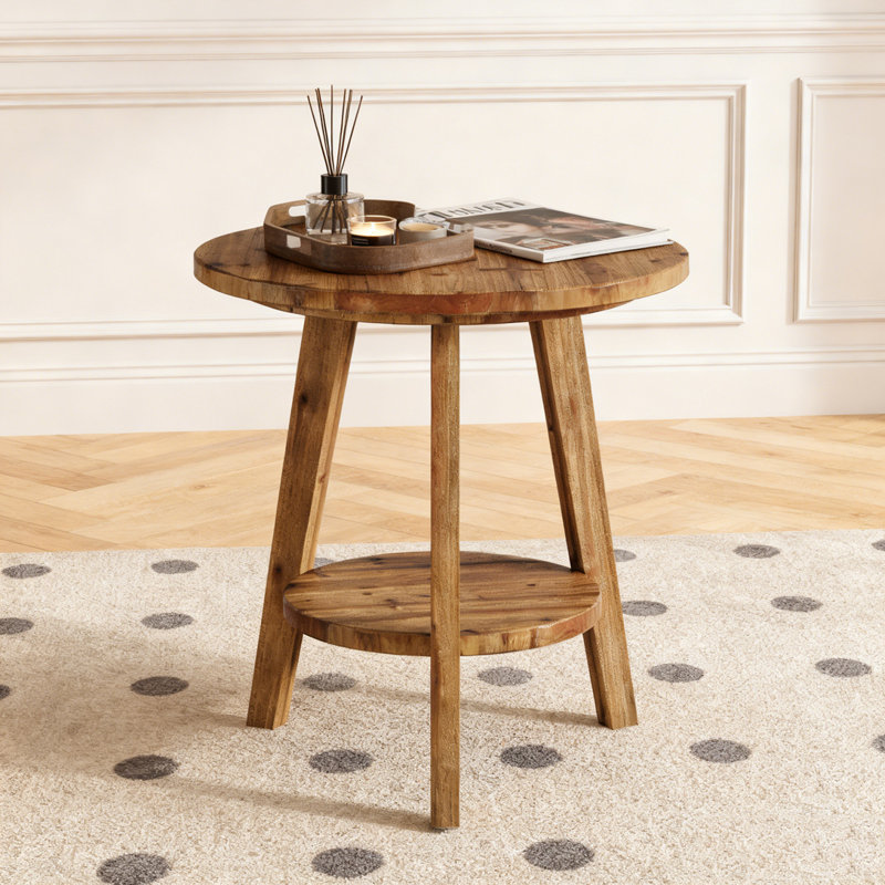Table de bout ronde en bois massif avec tablette de rangement Farmhouse