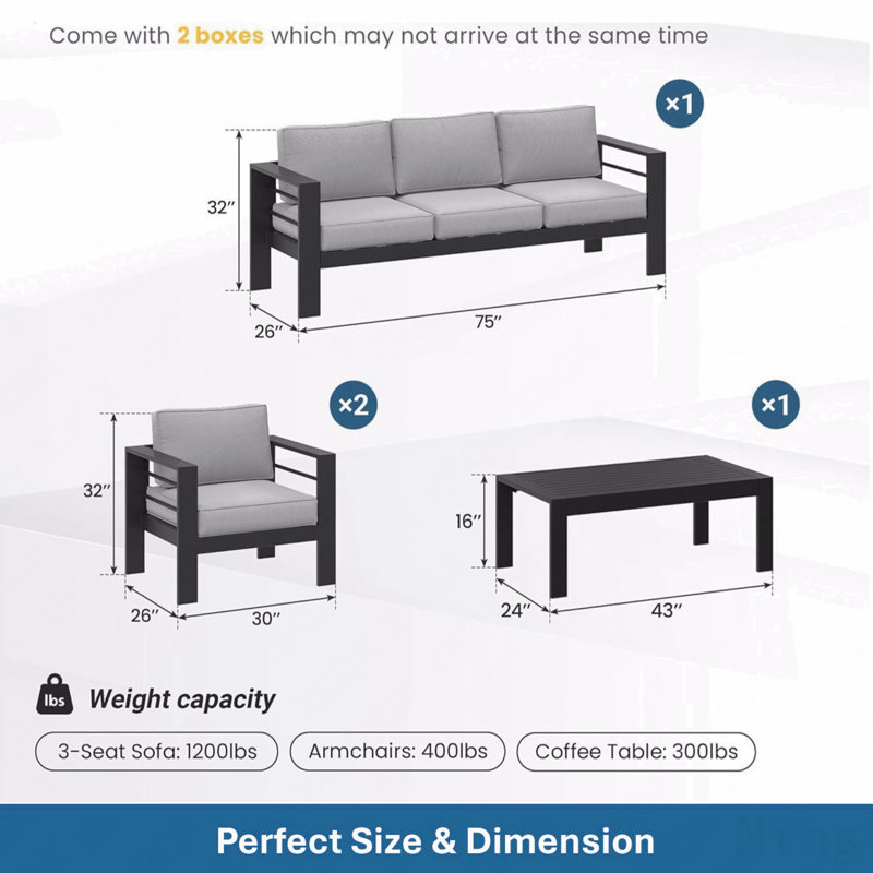 All-Weather 4-Piece Modern Metal Patio Furniture Set,  5-Seat Conversation Sofa With Thick Light Gray Cushions & Black Frame And Coffee Table