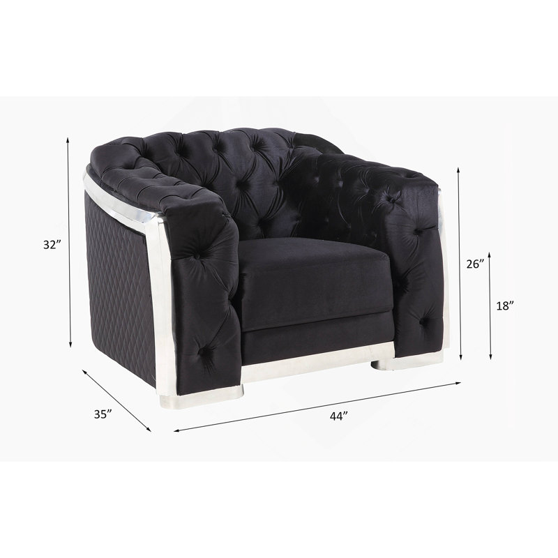 Fauteuil d'appoint luxueux en velours noir et finition chromée avec capitonnage et housses de coussin amovibles pour un confort élégant