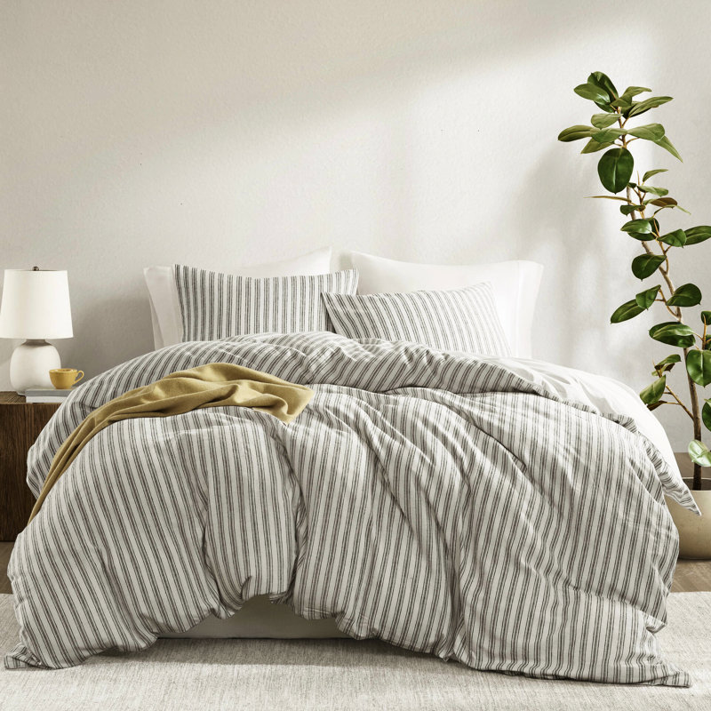 Housse de couette grise 3 pièces avec tissu, confortable et esthétique, esthétique sophistiquée du lin, rayures intemporelles pour le décor de la chambre à coucher, tout confort, attaches de coin au changement, standard 100, machine