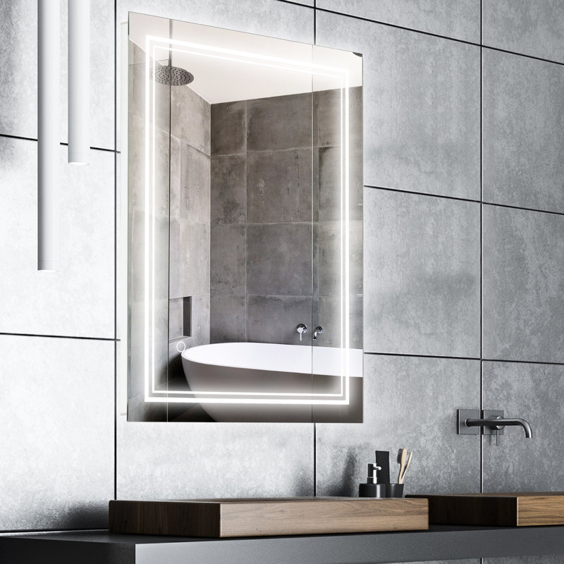 Miroir lumineux de salle de bain 32 po x 24 po, fixation murale, bouton intelligent, imperméable, argenté, divers choix de fixation, meuble-lavabo 32 po x 24 po