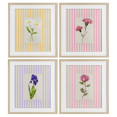 Cottage Stripe Sprigs 4pc Framed Print Under Glass Set, design by Lisa Wehmeyer