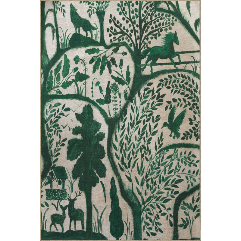Tapis décoratif vert à motif de forêt et de loup, Sous-tapis rectangulaire de 3 pi 3 po x 4 pi 11 po