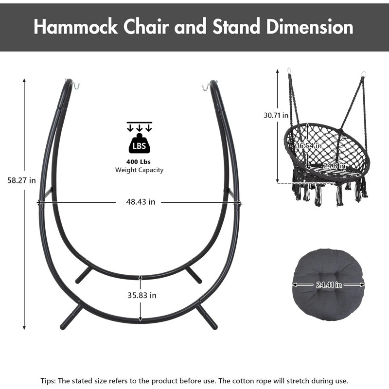 Balancelle hamac avec support inclus, balancelle suspendue d'extérieur avec support et coussin de siège amovible, 400 lb maximum, gris foncé
