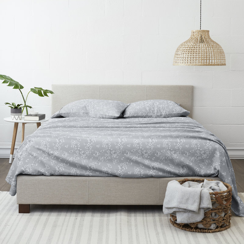 Light Gray Floral Vine Queen Microfiber Sheet Set