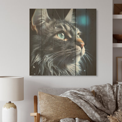 «Cat Blue Eye Reflection I», art mural en bois sur bois de pin naturel
