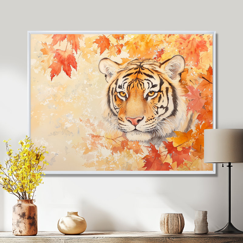 Tigre dans les feuilles d'automne II - salon d'art mural tigre, H 16 po x l 32 po, Blanc