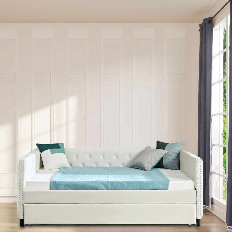 Lit de jour rembourré Leandra, Beige, Lit gigogne inclus, Double