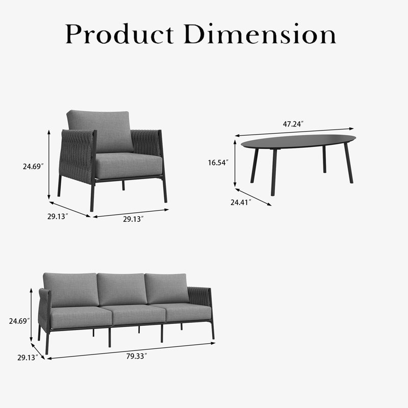4 Piece Outdoor Furniture Set with Coffee Table, Modern Rope Woven Patio Conversation Sofa Set with Olefin Braid and Deep Seating