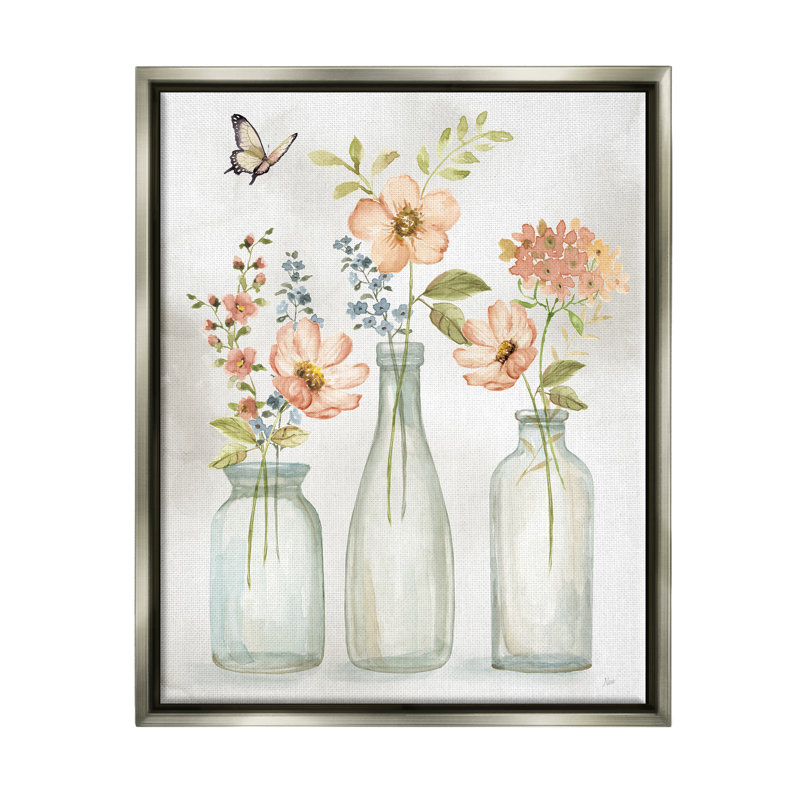 «Pink Blossoms Butterfly Arrangement Floater», art mural par Nan, H 21 po x l 17 po x P 1,7 po, Cadre flottant gris lustré