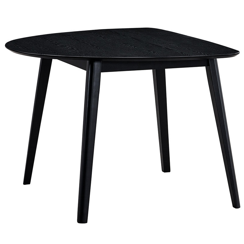 Table de salle à manger contemporaine en bois noir fini, avec un plateau de forme originale, idéale pour les petites pièces. Dimensions : 43 pouces de large, 39 pouces de profondeur, 30 pouces de hauteur. Style moderne et distinctif.